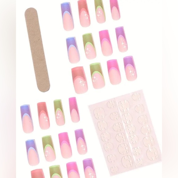 24 Neon Colorful Cartoon Square Medium Length Fake Press On Nails Kit New In Box - Picture 3 of 4